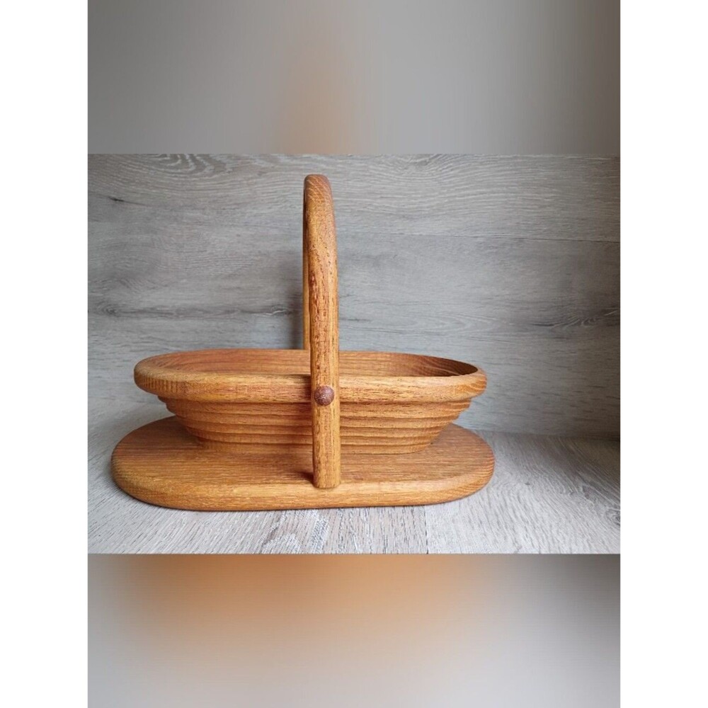 Vintage Oak Wooden Expandable Basket With Handle Fruit Veggies 12" Long